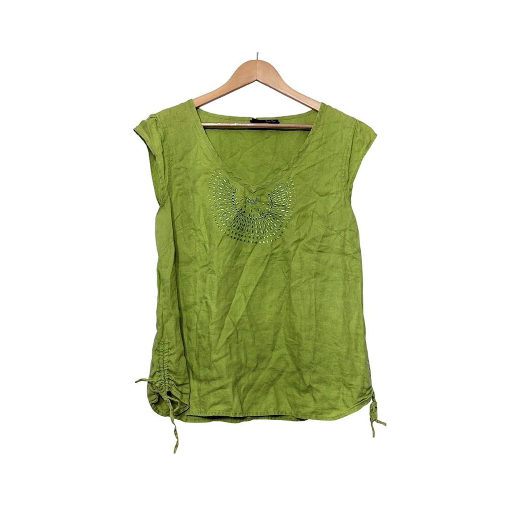 Alexandra Bartlett 100% Linen Top Cap Sleeves Green Embroidered Boho XL